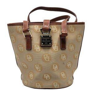 Dooney & Bourke Tote Shoulder Handbag Signature Logo Brown Buckle Canvas READ